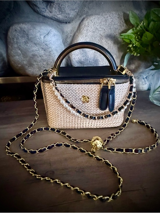 None Handbags - NWT Chic Classic On Trend Raffia Top Handle Crossbody Bag Black Luxury Vanity